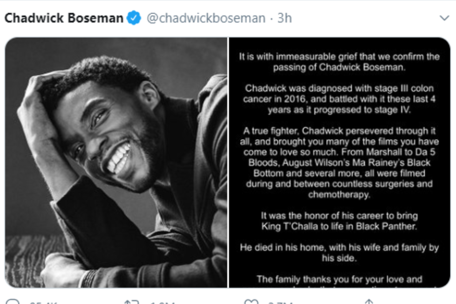Tributes paid to Black Panther star Chadwick Boseman following death aged 43 